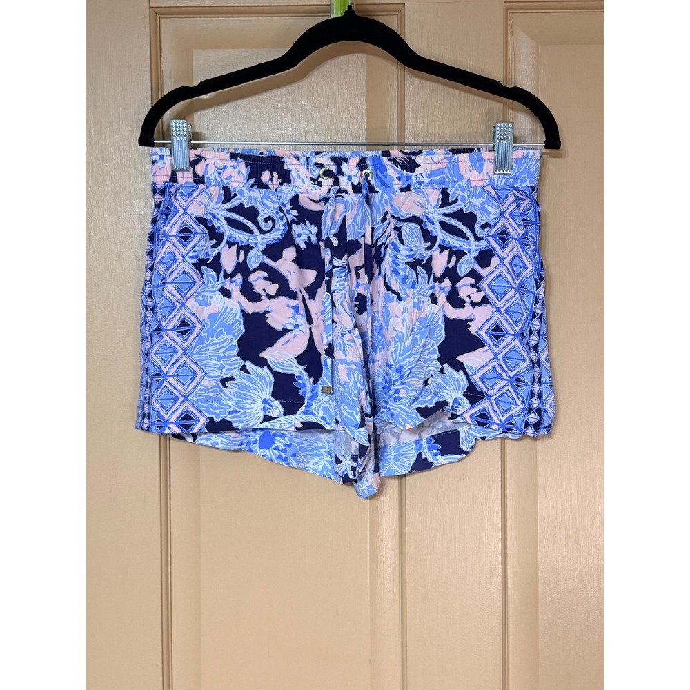 Lilly Pulitzer Blue Pink Floral Geometric Drawstring Shorts Small
